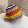 Womens Straw Hat Rainbow Crochet Handmade Panamas UV Protection Sun Visor Beach Visors Foldable Summer 240318