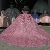 Rosa Schatz glänzender Quinceanera Ballkleid von den Schulterspitzenperlen Kristall Tull Mexikanische süße 16 Kleider 15 Anos 0516