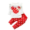 Kläder sätter 2st Cartoon Children's Suit Spring Långärmad ren bomullsrunda nackskjorta Polka Dot Trousers