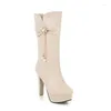 Boots Autumn And Winter Fashion Zipper Crystal Flower Thick Heel High Middle Tube Women's 10cm Plus Size 35-43