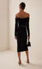 Casual Dresses Winter Black Color Off The Shoulder Golden Zipper Leather Belt Mid Calf Bandage Dress Fashion Woman Evening Party Vestido