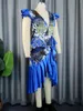Casual Dresses Blue Printed Party Dress For Women Sexy Deep V Neck Ruffles Sleeveless Patchwork Shiny Chic African Female Cocktail Evening