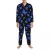 Homens sleepwear pijamas homens azul borboleta quarto nightwear floral impressão 2 peça casual pijama conjuntos de manga longa moda oversize casa terno