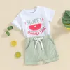 Комплекты одежды, летние шорты для маленьких девочек, однотонные топы с короткими рукавами и буквенным принтом арбуза