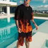 남성용 트랙 슈트 여름 짧은 슬리브 반바지 티셔츠 세트 3D 프린트 불꽃 패턴 캐주얼 세련된 스웨트 셔츠