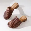 Pantoufles Johnature rétro en cuir véritable tissé à la main talons épais chaussures d'été pour femmes 2024 sandales de loisirs en plein air diapositives