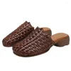 Pantoufles Johnature rétro en cuir véritable tissé à la main talons épais chaussures d'été pour femmes 2024 sandales de loisirs en plein air diapositives