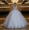 Lindo vestido de noiva de princesa, vestido de casamento transparente com decote em v, lantejoulas, manga comprida, vestido de noiva ilusão, apliques de renda