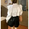 Damesblouses Ruffle Edge Patchwork-mouwen Mooie shirts voor dames Witte effen blouse Crop Top Damesmode Streetwear Koreaanse lente