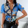 Damesblouses Vintage bedrukt patchwork overhemd V-hals Korte mouw V-hals Knoophals Slanke blouse Top Zomer modieuze shirts