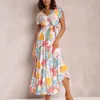 カジュアルドレス女性ドレス2024女性サマーvネックショートスリーブ長い花柄のビーチ自由hoh馬スタイルサンドレス服