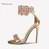 Klänningsskor bling Crystal Ankle Strap Sandaler Solid Point Toe Thin High Heel Wedding For Women 2024 Summer Elegant