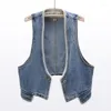 Damesvesten Lente Koreaanse Kralen V-hals Denim Vest Vrouwen Casual Vest Losse Korte Vintage Jeans Mouwloze Jas Vrouwelijke