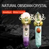 Estatuetas decorativas real ametista fluorite cristal branco quartzo prisma de ponta única energia varinha mágica natal elk cetro de bruxaria