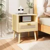 Smuxee Natural Rattan Nightstand Drawer, Boho Large Bedside with Open Shelf, Wood Side Table for Bedroom, Study Room