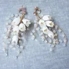 Pendientes traseros Ins Color dorado Boda nupcial porcelana blanca flor hoja mujer gota pendiente accesorios hechos a mano