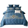 Set di biancheria da letto El Luxury Copripiumino con ricamo Golden Court Lenzuola in raso di cotone Set blu intenso