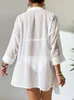 Robes décontractées Chemise blanche Maillot de bain Cover Up Sarong 2024 Beachwear Manches longues Col rabattu Tunique ample Pareo de Plage Beach Ups