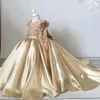 Sukienki dziewczynki Gold Flower Ball suknia satynowa długie rękawy 3d kwiaty litltle księżniczki urodziny z dużym kokardą