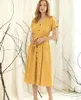 Partykleider Damen Lässiges Midi-Kleid mit hoher Taille, einfarbig, V-Ausschnitt, kurze Ärmel, Knopfgürtel, Kleid mit Taschen für den Sommer und Herbst