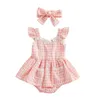 Rompers sommar spädbarn baby flickor bodysuit set hylsa pläd spets a-line klänning pannband outfit kläder
