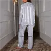 Women's Pama Set Summer Striped Long Sleeve Top Trousers Silk Satin Home Suit Spring Autumn Loose Casual Sleepwear Nightwear