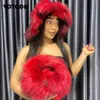 Fashion Women Faux Fur Bucket Hat Handbag Set Fluffy Raccoon Dome Big Brim Chain Clutch Girl Cap Cute Furry Warm 240318