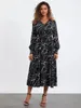 Casual Dresses Fall Midi Dress Women Lantern Sleeve V Neck Button Front Geometric Print A-Line For Office Vintage Spring