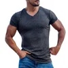 Été chaud coupe ajustée col en v sport Fitness respirant solide court évacuant la sueur T-shirt imprimable vêtements pour hommes