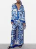 Zbza Womens Fashion Blue Printedサテンシャツレトロルーズワイドレッグパンツ2ピースセットストリートシュートカジュアル女性ズボン240314