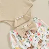 Kledingsets baby babymeisje Pasen 3 stks outfit massief geribbelde Romper met lange mouwen met bloemenprint flare broek en hoofdband