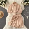 Two Peice Set For Women Summer Turn Down Collar Crop Top Shirt Pleated Mini Skirt Tracksuit Lounge Club Outfits Streetwear 240321