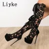Boots Liyke 16CM Ultra Thin High Heels Sexy Nightclub Hollow Out Over The Knee Boots Women Peep Toe LaceUp Zip Platform Shoes Sandals