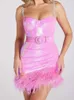 Casual Dresses Pink Sequin Faux Fur Sexy Backless Elegant Eveing Dress Women 2024 Summer Asymmetrical Strapless Party Club Bodycon Belt