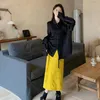 Blouses pour femmes Français Col Noir Coréen Dame Douce Bandage Chemises Exquises Simple Boutonnage Streetwear Jupe Jaune Ensemble Deux Pièces