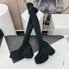 Bas vintage cuissardes Tissé élastique en cuir polaire talons hauts Plate-forme chaussettes élastiques bottines plate-forme confort tricot doux sur le talon du genou