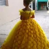 Girl Dresses Yellow 3D Flower Girls Jewel Neck Crystal Puffy Princess Birthday Party Gown Little Pageant Dress