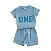 Kläduppsättningar småbarn Baby Boy Birthday Outfit One Two broderi Kort ärm T-shirt Shorts 2st.