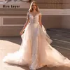 Hyr Lnyer Long Sleeve -knappar upp Back Beading Pearls paljetter Lace 2 Pieces Mermaid Wedding Dresses With DetacVhable Train Vestido de Noiva Sereia