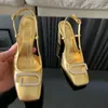 Women's wedding sandal high heels Golden thick heel sandals summer Crystal letter buckle Ankle Strap sandal women's casual shoes