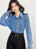 Женские блузки, весенне-осенняя универсальная свободная джинсовая рубашка-рубашка с длинными рукавами, женская винтажная элегантная блузка на синих пуговицах с заклепками, топы