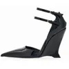 2024 summer new fashion new pointed toe double belt buckle patent leather hollow sloping heel sexy runway women's shoes in large cross-border fashion women shoes