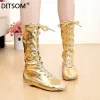 Schuhe 2022 Tanzstiefel für Damen Leder aus Leder Gold Silber Farben Mädchen Ballett Tanzschuhe Jazz Schuhe Damen Jackboots Performance Schuhe