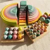 Sorting Nesting Stacking toys High quality wooden pink Basswood rainbow stacked building blocks pine architecture semi sorted Peg doll balls 24323