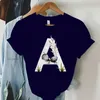 Women's T-Shirt Womens dark blue T-shirt with cute little animal letters A-Z girl T-shirt Y2k short sleeved Harajuku fashion T-shirt 240323