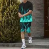 Fatos de treino masculinos verão shorts de manga curta conjunto de camiseta com padrão de chama impresso 3D casual moletom elegante