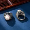 Cluster Rings S925 Sterling Silver Charms For Women Fashion Contrast Colored Hollow Leaves Round Pearl Punk Jewelry