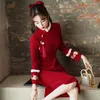 Casual Jurken Sexy Vrouwen Vintage Chinese Jaar Traditionele Kleding Lange Mouw Cheongsam Jurk Rode Qipao Cocktail Herfst Lente Dikker Party