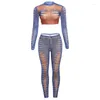 Tweedelige broek voor dames Digitale 3D-geprinte mesh-sets Damesoutfits 2024 Lente Mode Blauw Crop tops met lange mouwen Slim Fit Street chic