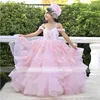 Flickaklänningar Puffy Pink Princess Ball Gown Flower Dress for Wedding 2024 Sweetheart Lace Appliques Födelsedagsfest Första nattvards klänningar